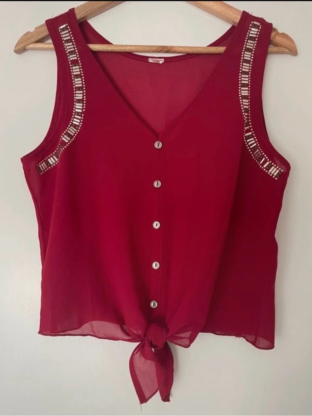 Red Chiffon Tie Front Tank Top Boho Beaded Shoulder Camisole